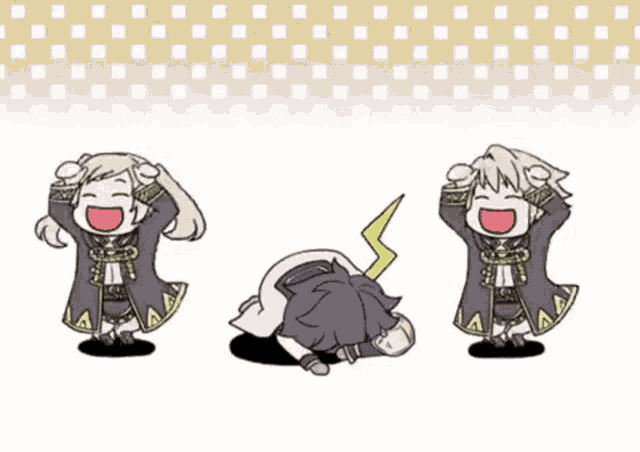 three cartoon characters are laughing and one has a lightning bolt on his back