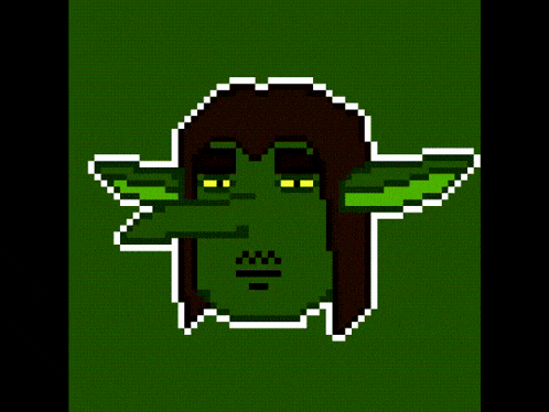 a pixel art drawing of a green goblin with a acorn in his mouth