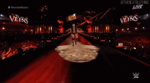 a wrestler is walking down a ramp in front of a crowd during a wrestlemania event