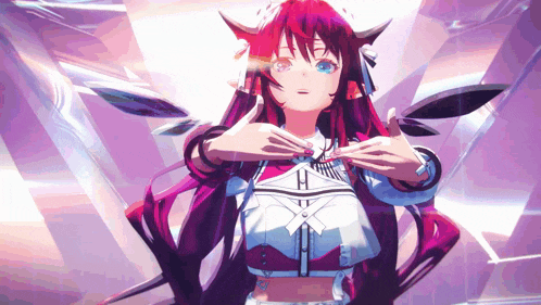 a girl with red hair and horns is wearing a white shirt with the letter h on the front
