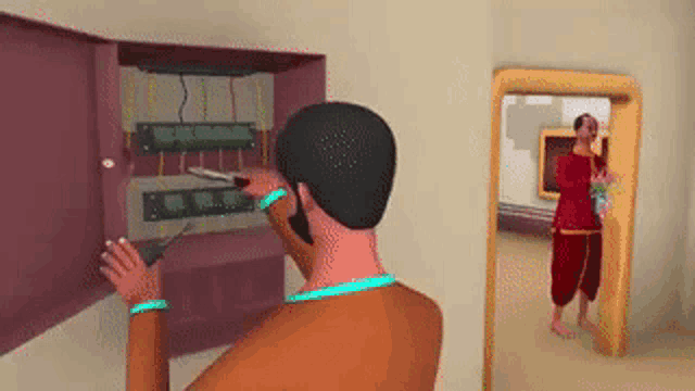 a man is working on an electrical box while a woman stands in a doorway .