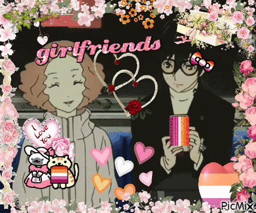 a picture of a girl and a boy with the words girlfriends written above them