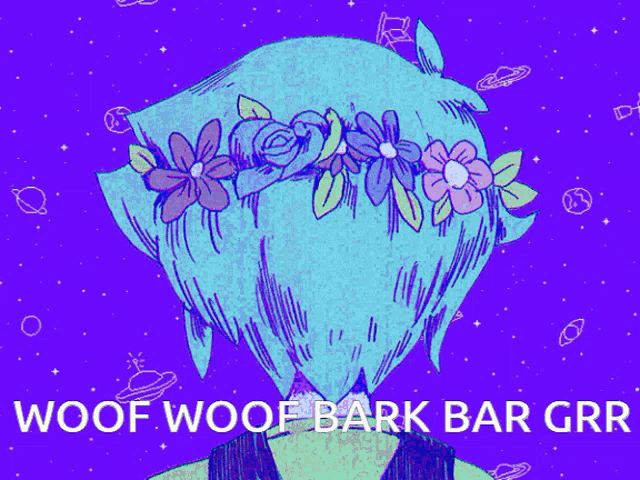 a drawing of a girl with flowers in her hair and the words woof woof bark bar grr below her