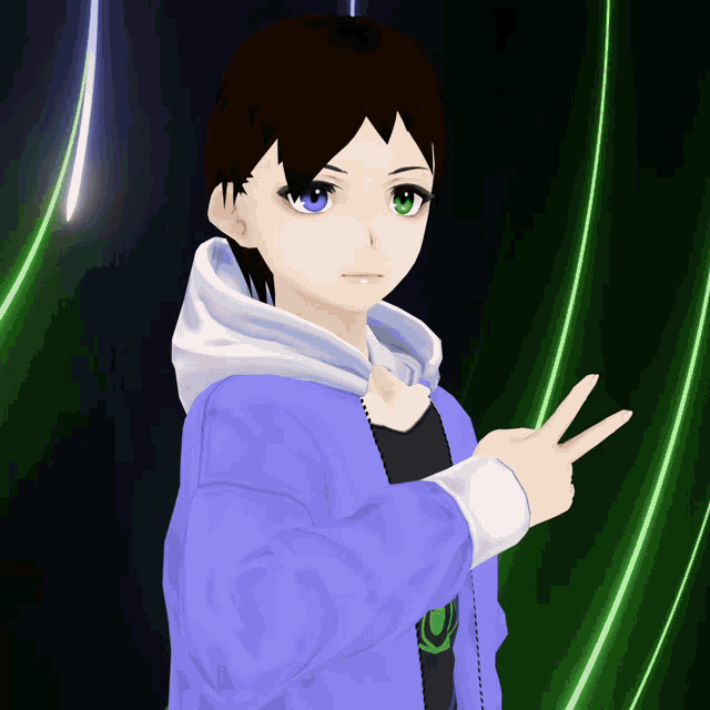 a 3d anime character giving a peace sign in front of a green background