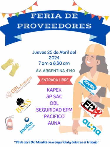 a poster for feria de proveedores with a woman holding a book