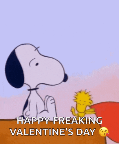 a happy freaking valentine 's day greeting card with snoopy kissing woodstock