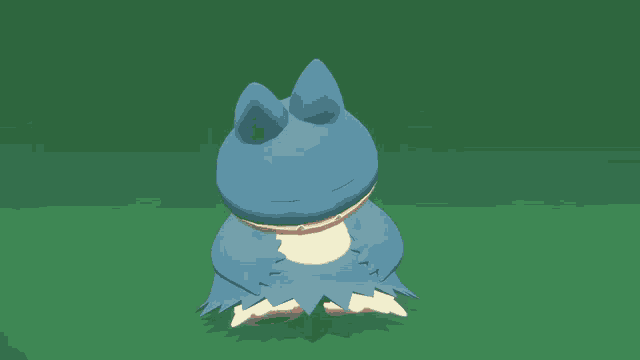 a 3d model of a blue and yellow pokemon sitting on a green surface