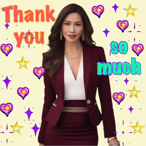 a woman in a maroon suit is surrounded by hearts and stars and says thank you so much