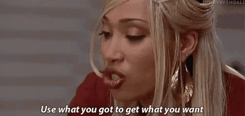 a woman is talking to someone and saying `` use what you got to get what you want '' .