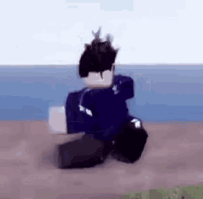 a roblox character is walking on a beach near the ocean .