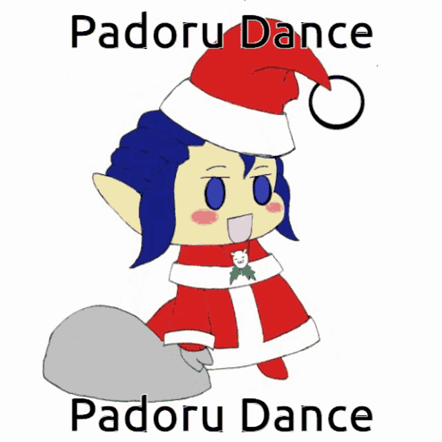 a drawing of a cartoon character wearing a santa hat and holding a bag .