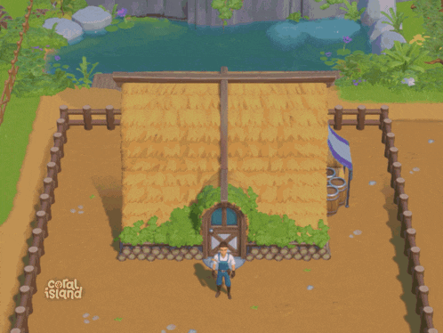 a man stands in front of a coral island cartoon house