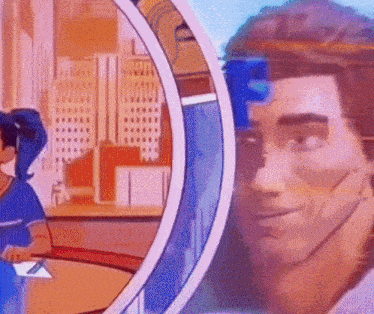 a close up of a man 's face in a cartoon with a city in the background