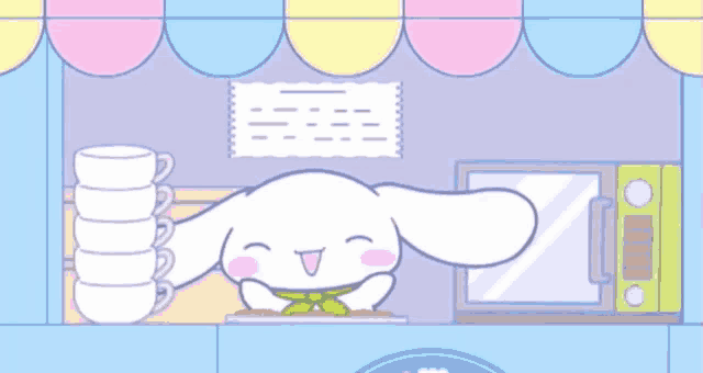 a cartoon of a bunny holding a stack of coffee cups