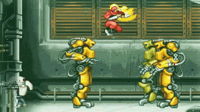 a pixel art of a robot fighting another robot with a sword
