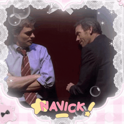 two men standing next to each other with navick written on the bottom right
