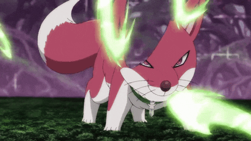 a red and white fox is surrounded by green glowing lights