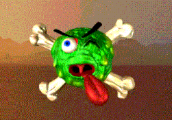 a green cartoon character with a tongue sticking out and crossbones
