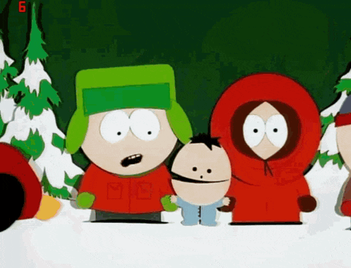 a group of south park characters stand in the snow