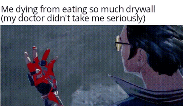 a picture of a man with a red glove and a caption that says me dying from eating