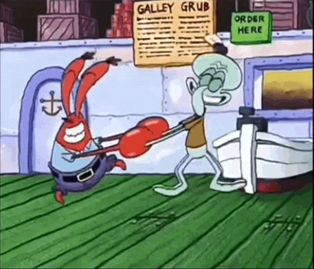 a cartoon of squidward and mrs. Krabs fighting in front of a sign that says galley grub