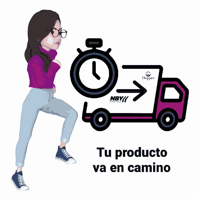 a woman in a purple sweater is running next to a red truck that says nby