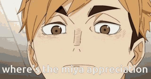 a close up of a person 's face with the words " where 's the miya appreciation " above it
