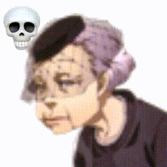 a pixelated image of a woman with a skull behind her