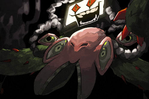 a drawing of a monster with a smiley face and a necklace around its neck