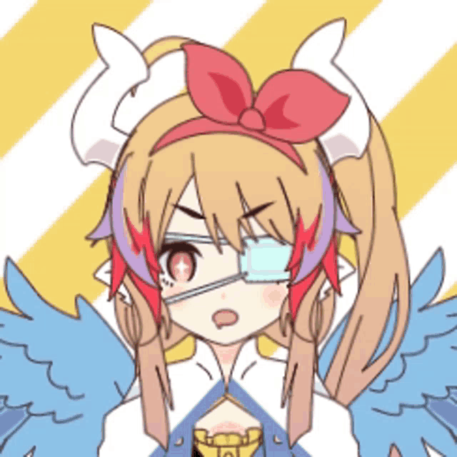 a drawing of a girl with horns and wings wearing an eye patch