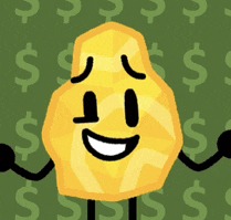 a cartoon character with arms and legs is smiling in front of a background of dollar signs