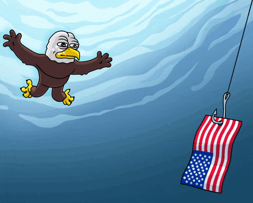 a bald eagle is flying through the air with an american flag hanging from a hook
