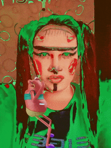 a painting of a woman with pigtails and a pink flamingo holding her face
