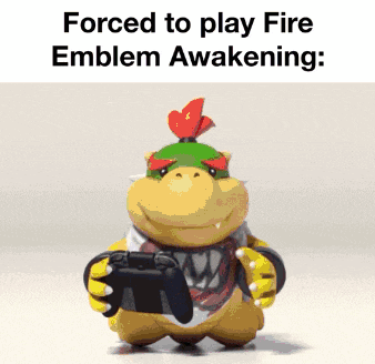 a cartoon character is holding a video game controller and says " forced to play fire emblem awakening "