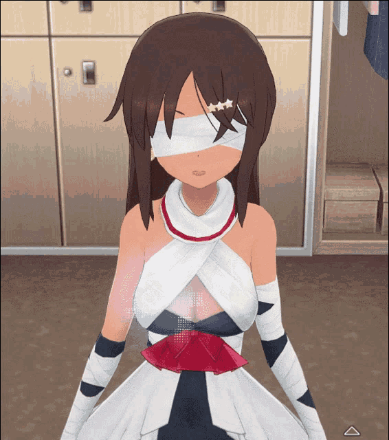 a girl in a white dress with bandages on her eyes