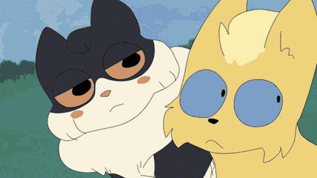 a cartoon drawing of a black and white cat and a yellow cat