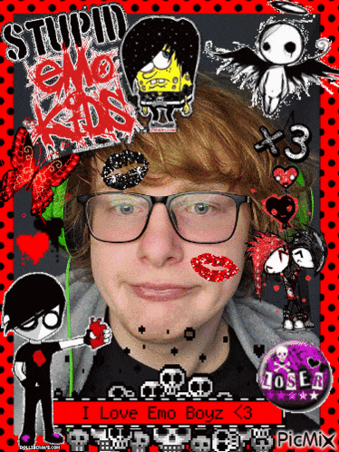 a picture of a boy with glasses and the words i love emo boyz on the bottom