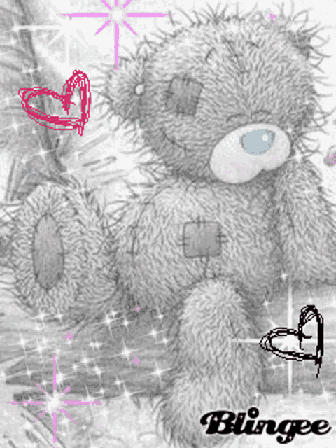 a drawing of a teddy bear with hearts and the word blingee