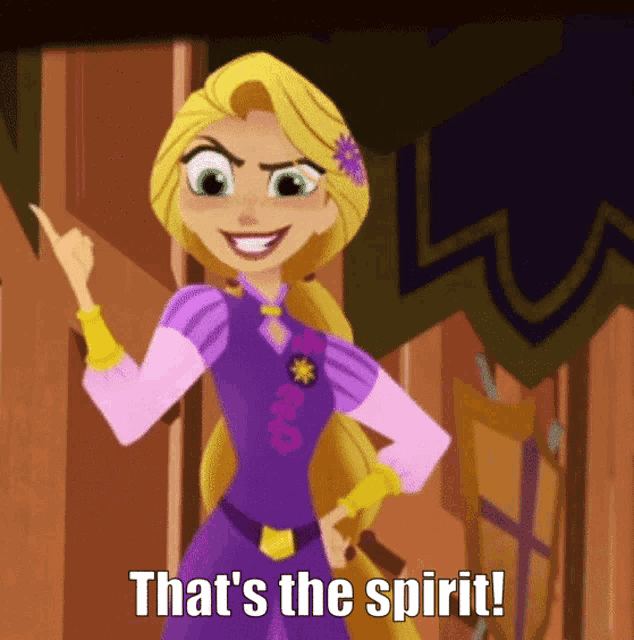 a cartoon character says that 's the spirit while pointing up