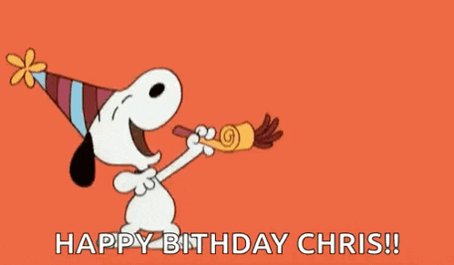 snoopy is wearing a party hat and blowing a party horn with the words `` happy birthday chris '' written below him .