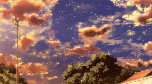 a painting of a cloudy sky with stars and a telephone pole in the foreground
