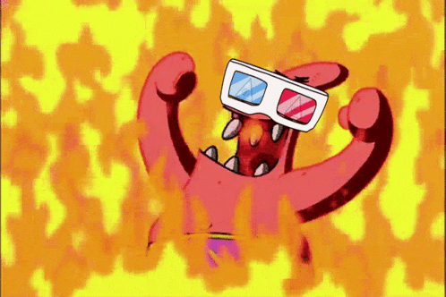 a cartoon character is wearing 3d glasses and surrounded by flames
