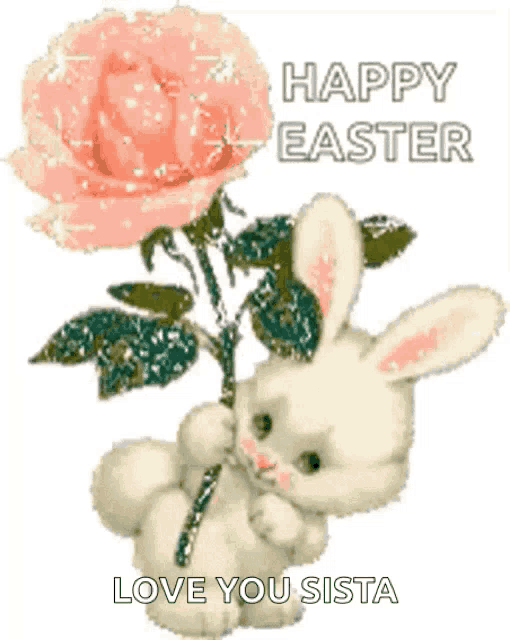 a happy easter card with a bunny holding a pink rose
