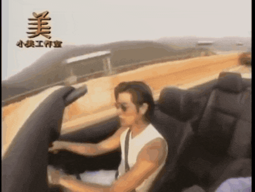 a man driving a car with chinese writing on the bottom right