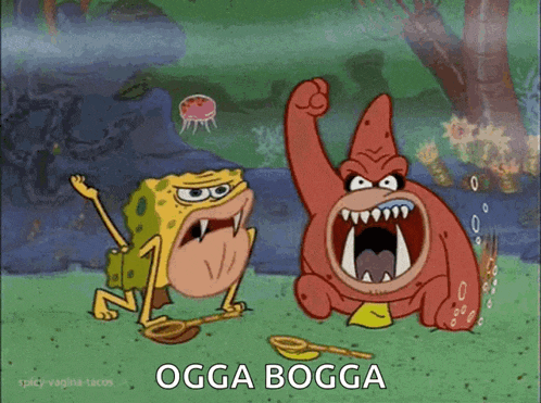 a cartoon of spongebob and patrick with big mouths and the words ogga bogga on the bottom