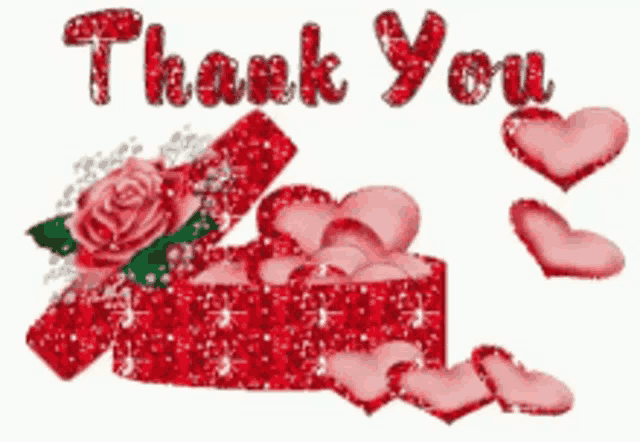 a thank you card with hearts and a gift box