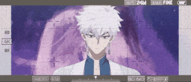 a picture of a man with white hair is being taken at 16:40