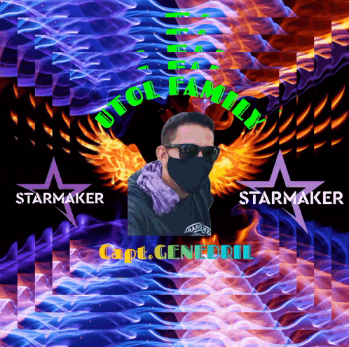 a man wearing sunglasses and a mask is surrounded by flames and the words starmaker and capt. general