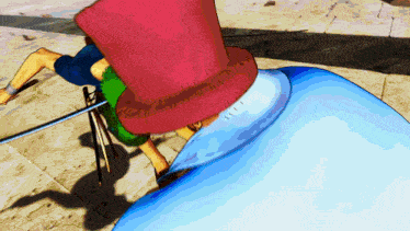 a cartoon character wearing a red top hat is standing next to another character wearing a blue shirt