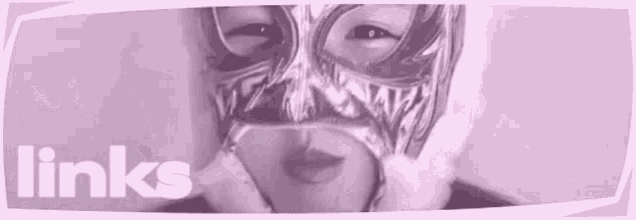 a close up of a person wearing a mask with the words `` links '' underneath it .